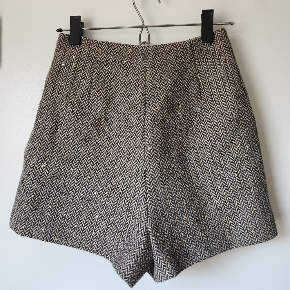 Sandro Brandy Herringbone High Rise Shorts Sz US 4 Gold Sequin Trim Wool Blend